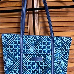 Vera Bradley Tote Bag Blue Cuban Tile Batik Print Faux Leather Trim